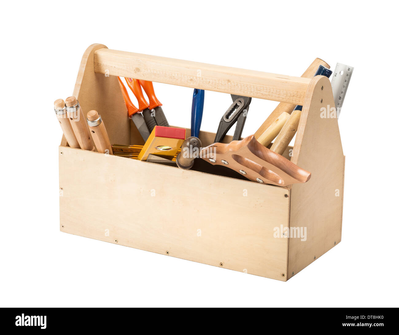 Holz Werkzeugkasten mit Werkzeugen isoliert auf weiss Stockfoto