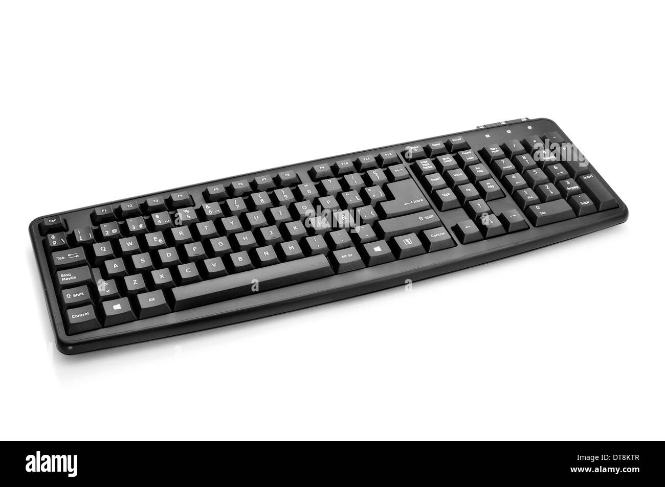 eine schwarze Computer-Tastatur auf einem weißen Hintergrund Stockfoto
