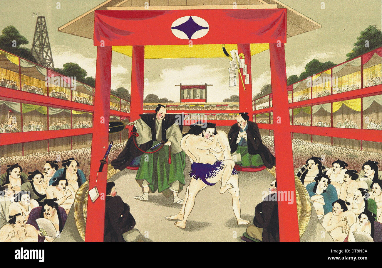 Öffentlichkeit im großen Amphitheater in Yeddo - Chromo-Lithographie von original japanischen Malerei XIX Jahrhunderts Ringen; Sumo Stockfoto