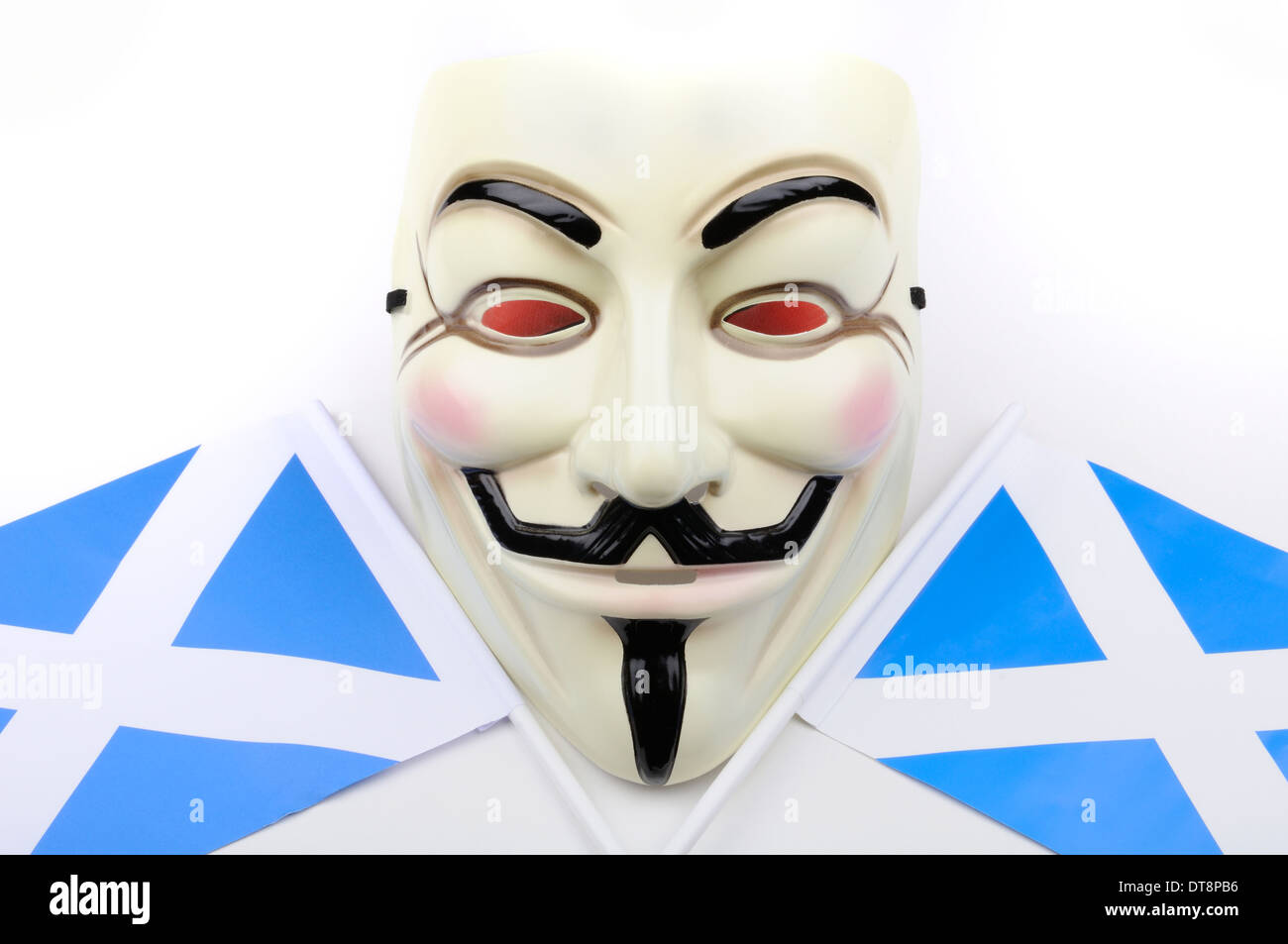 Guy Fawkes Maske und Schottland Fahnen Stockfoto