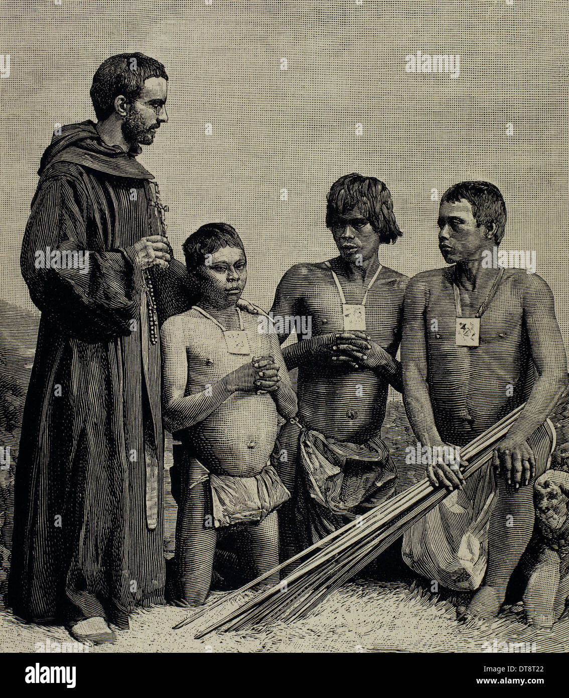 Kolumbien. Spanische Mission. Erinnern, Augustiner Mönch konvertieren Guahibos Indianer. Kupferstich, 1887. Stockfoto