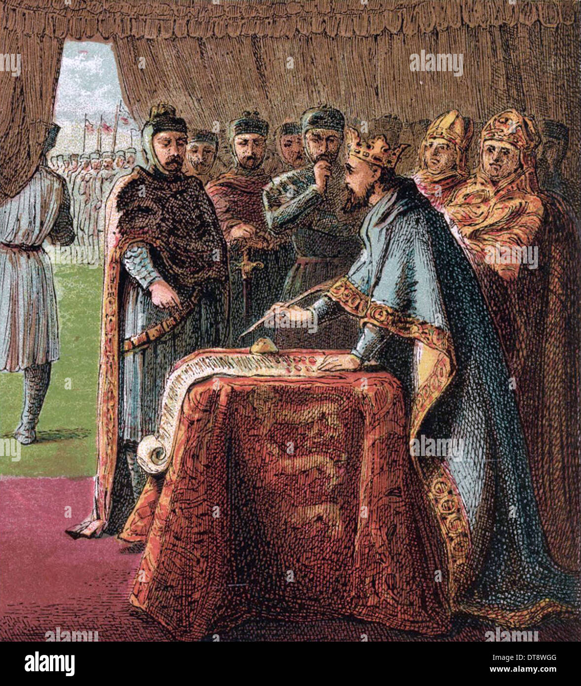 König Johann von England unterzeichnet die Magna Carta (Aus: Bilder der englischen Geschichte), 1868. Artist: Kronheim, Joseph Martin (1810-1896) Stockfoto