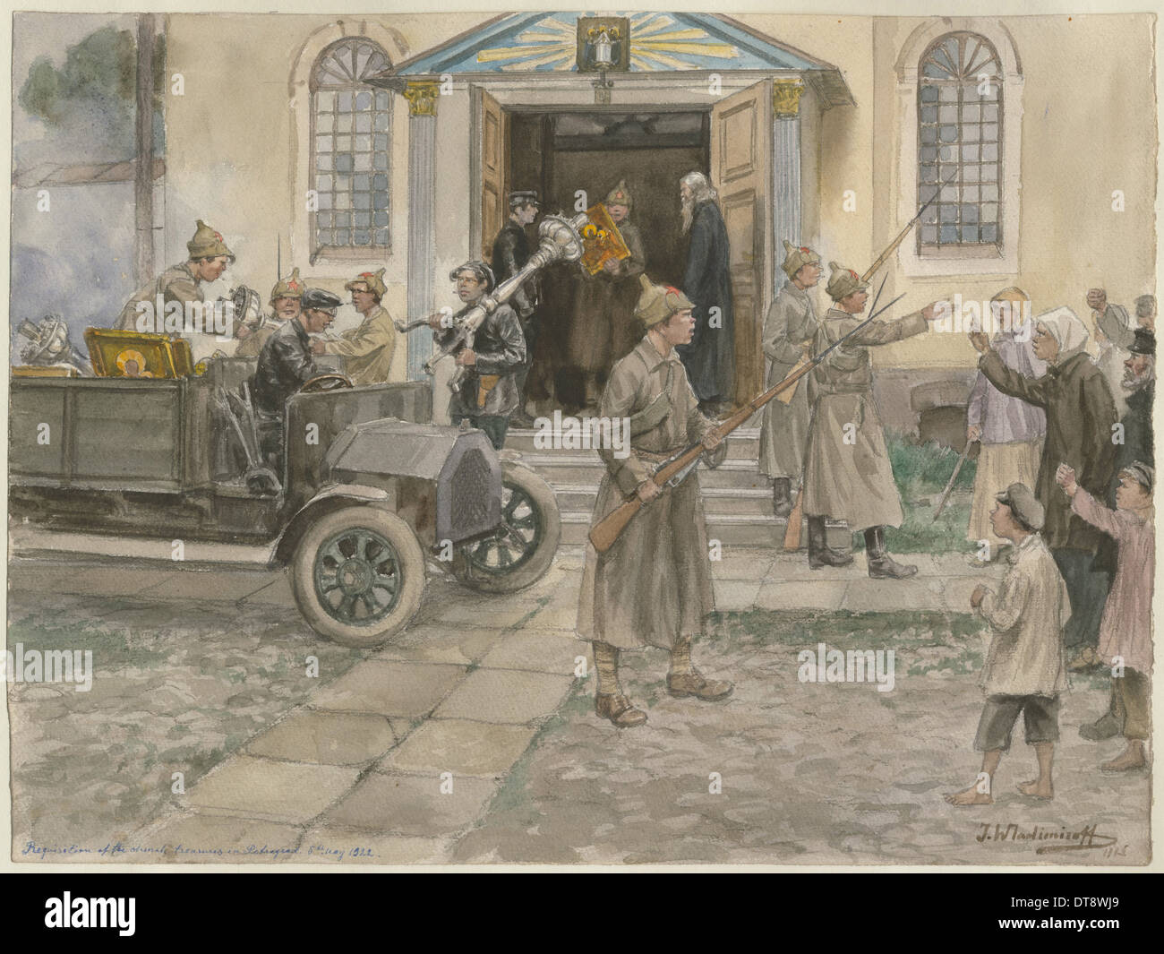 Anforderung der Kirche schätze in Petrograd, 5. Mai 1922 (aus der Serie von Aquarellen Russland Artist: Vladimirov, Ivan Alexeyevich (1869-1947) Stockfoto