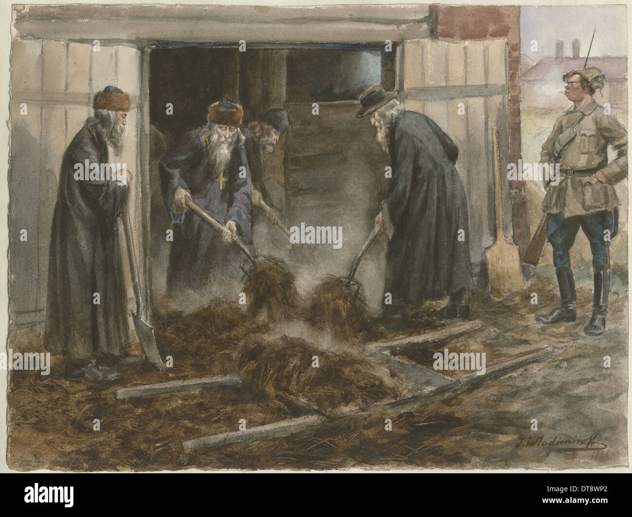 Russischen Geistlichkeit schaufeln Heu: September 1918 (aus der Serie von Aquarellen Russische Revolution), 19 Künstler: Vladimirov, Ivan Alexeyevich (1869-1947) Stockfoto