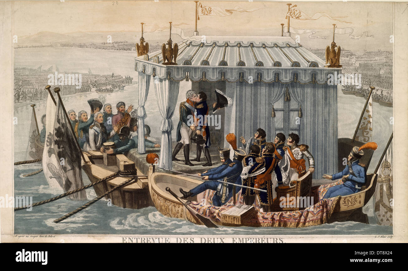 Treffen der Kaiser Alexander I. von Russland und Napoleon I. von Frankreich an der Neman in der Nähe von Tilsit im Juli Artist: Debret, Jean-Baptiste (1768-1848) Stockfoto