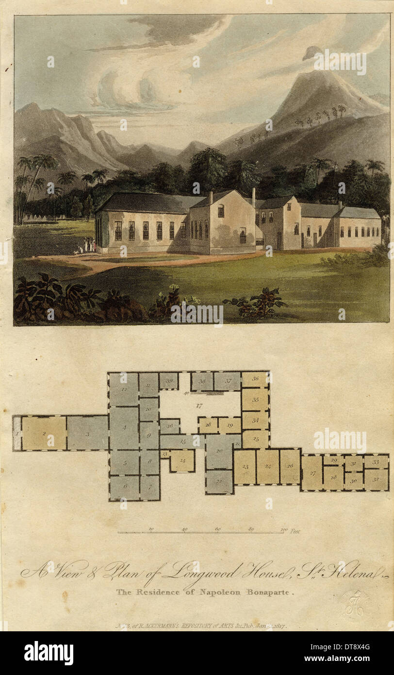 Ansicht und Plan der Longwood House, St. Helena: die Residenz von Napoleon Bonaparte, 1817. Künstler: Ackermann, Rudolph (1764-1834) Stockfoto