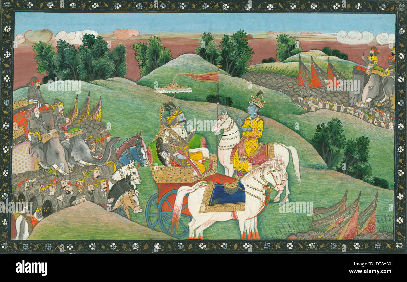 Der Dialog zwischen Lord Krishna und Arjuna, c. 1830. Künstler: Indische Art Stockfoto