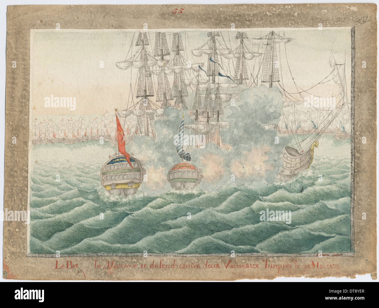 Brig Quecksilber kämpfen zwei türkische Schiffe am 14. Mai 1829, 1829. Künstler: anonym Stockfoto