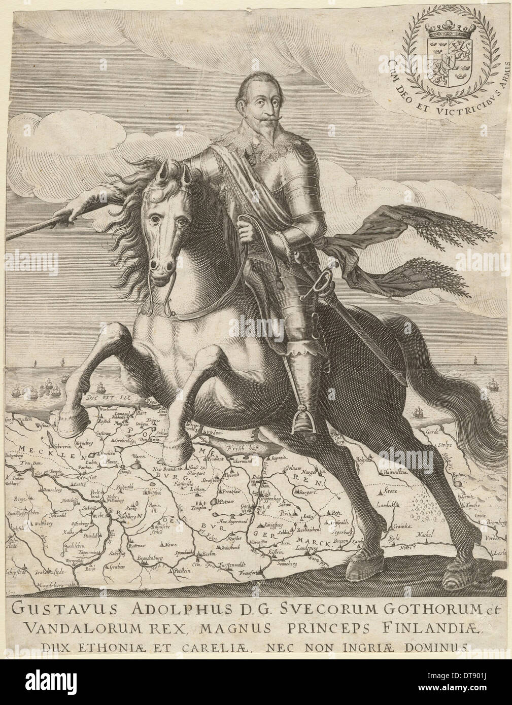 Gustavus Adolphus bevor Sie die Karte von Pommern in den Hintergrund, 1630. Künstler: anonym Stockfoto