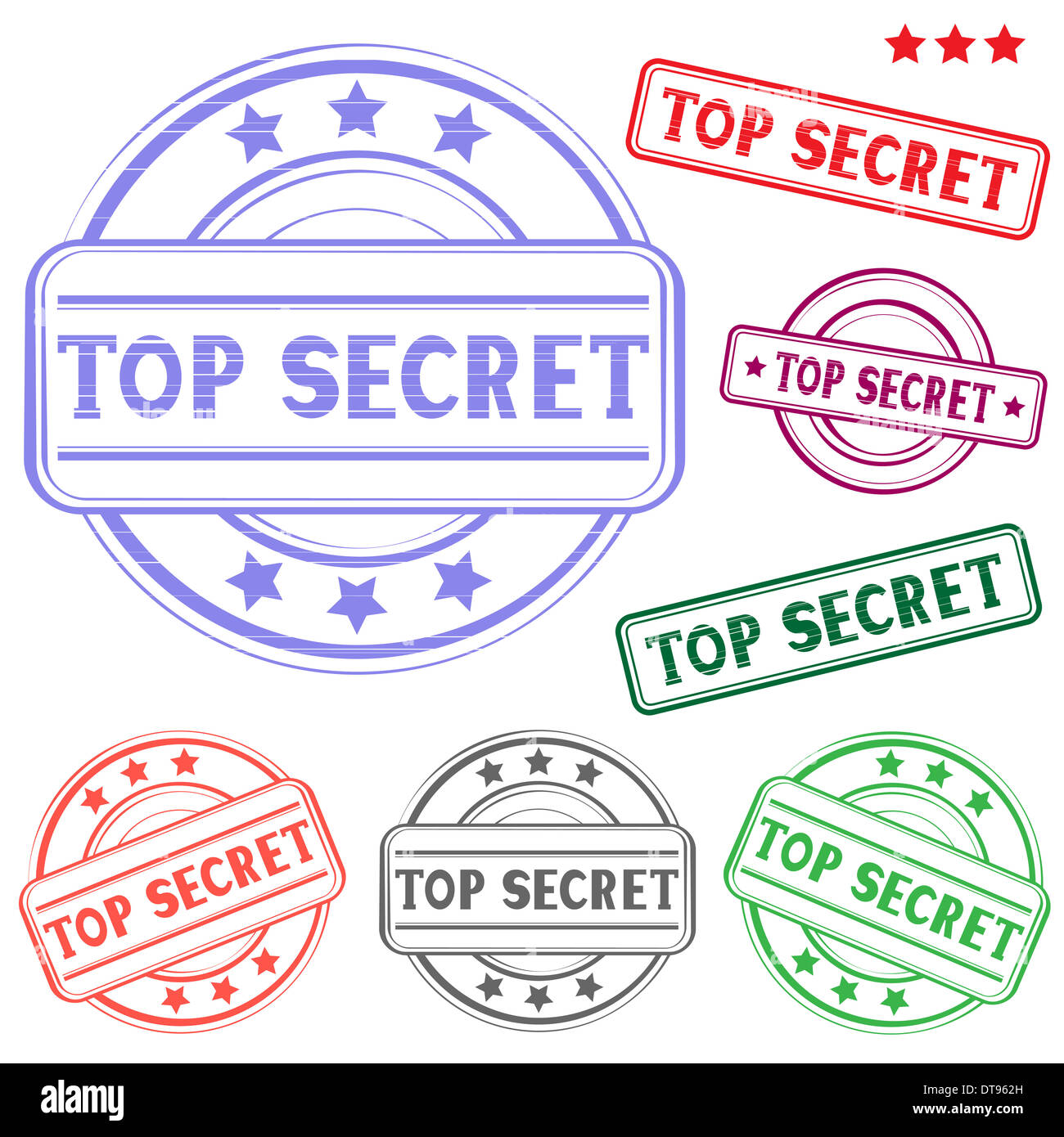 Die verschiedenen Top geheime farbigen Stempel isoliert auf weißem Hintergrund Stockfoto