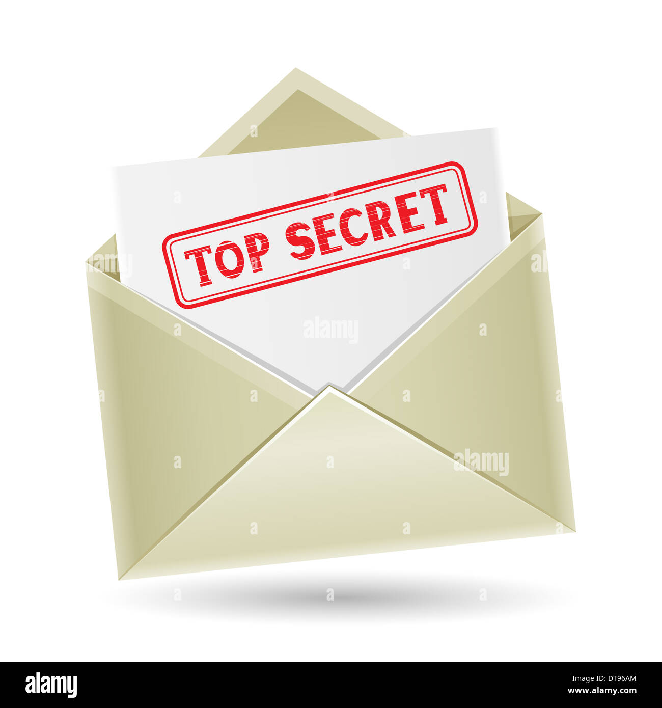 Die geheime Korrespondenz, geöffneten Umschlag mit Papier und Stempel auf dem weißen Hintergrund Stockfoto