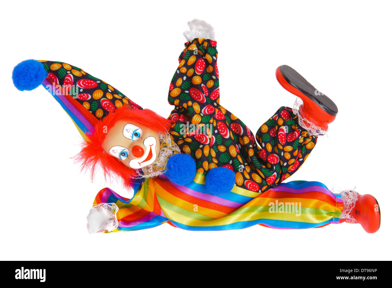 Clown mit bunten Kleidern isoliert auf weißem Hintergrund Stockfoto