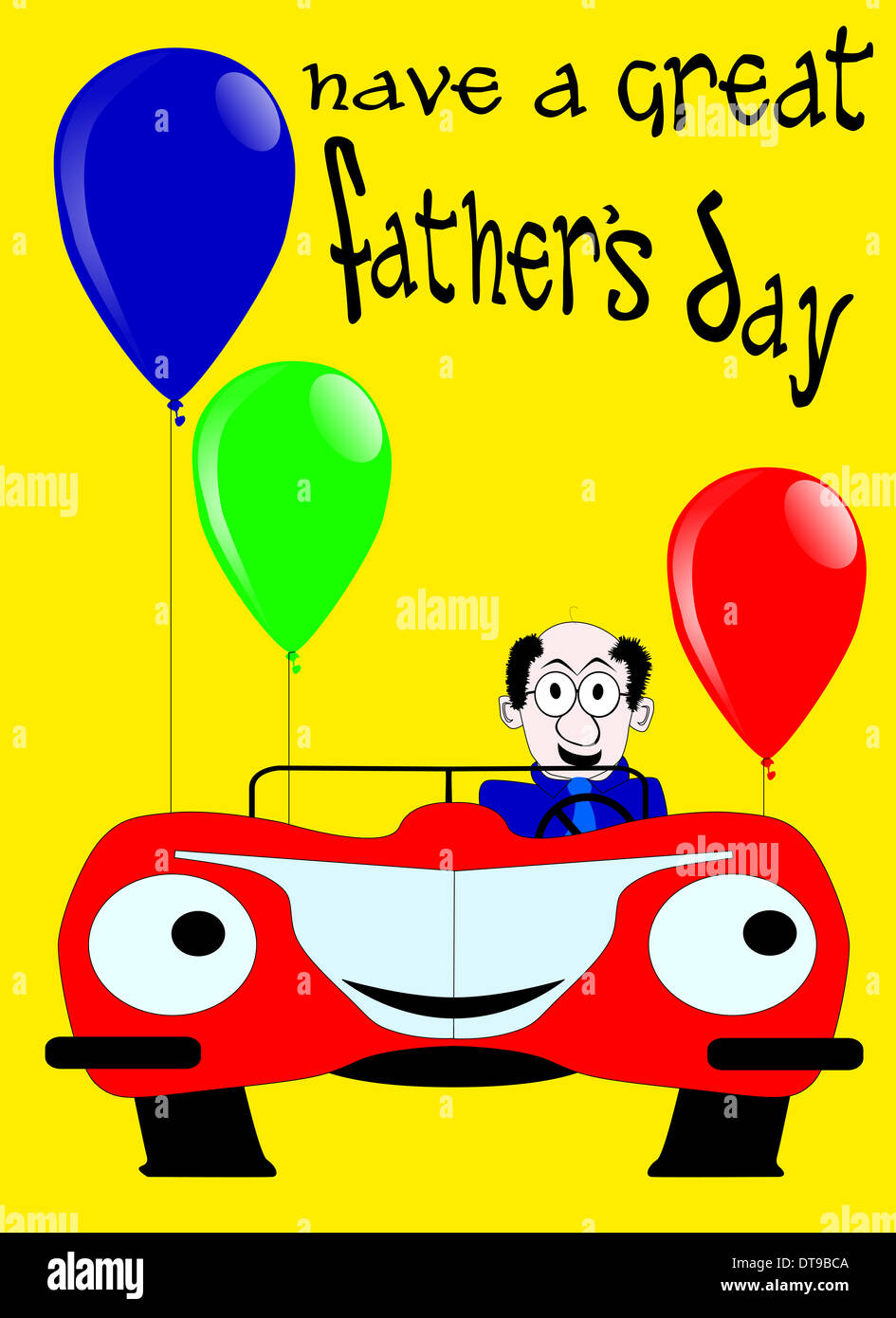 Vatertagskarte mit Sportwagen und Luftballons. Stockfoto