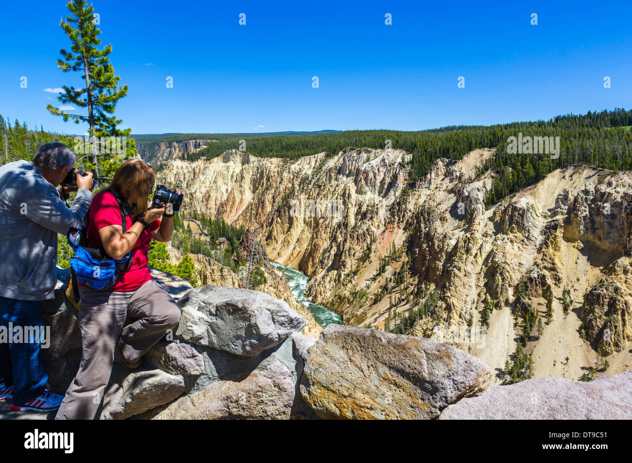 Touristen fotografieren Blick auf North Rim übersehen am Grand Canyon des Yellowstone, Yellowstone-Nationalpark, Wyoming, USA Stockfoto