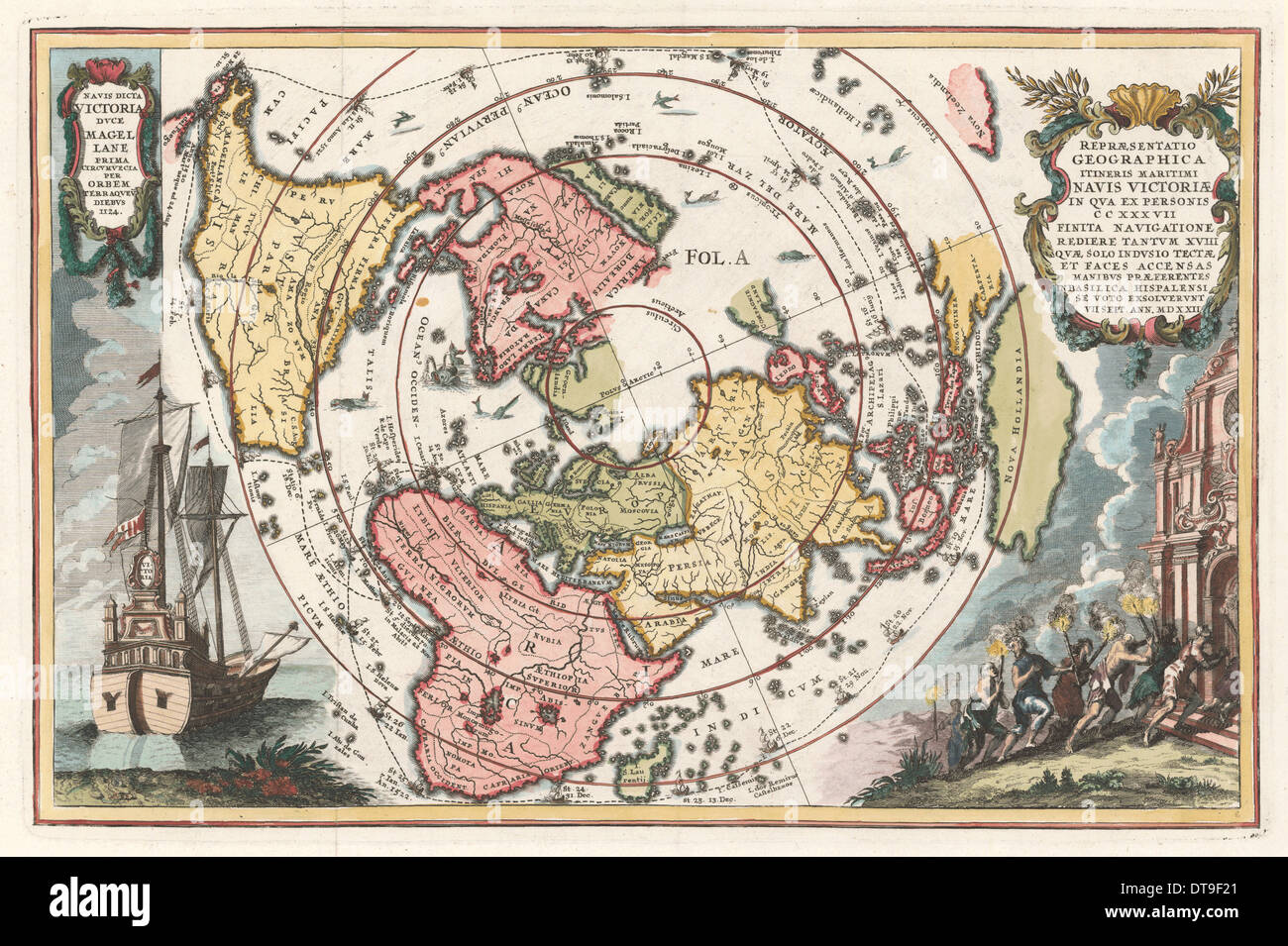 Weltkarte mit Magellan's Weltumrundung (von Scherer von Atlas Novus), 1702-1703. Artist: Scherer, Heinrich (1628-1704) Stockfoto