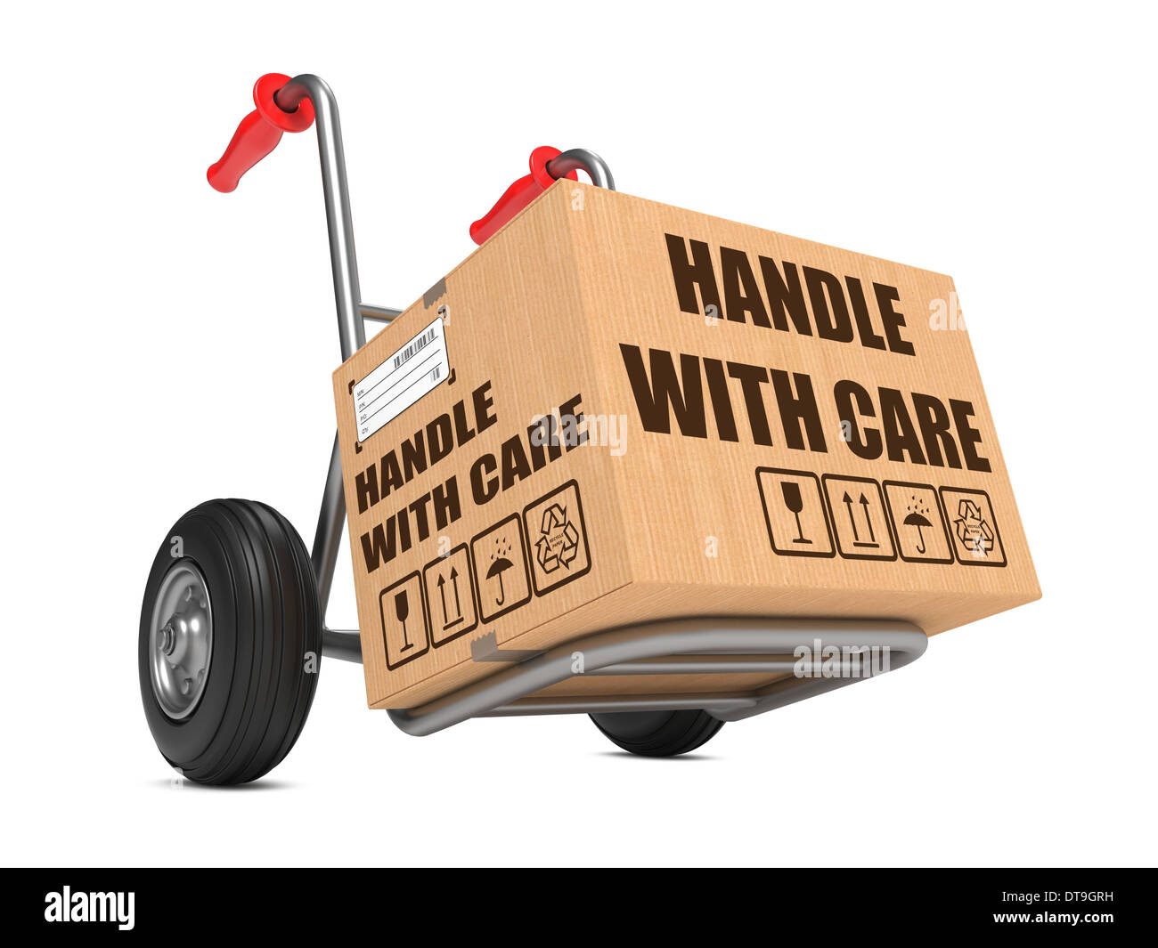 Handle with Care - Karton zum LKW. Stockfoto