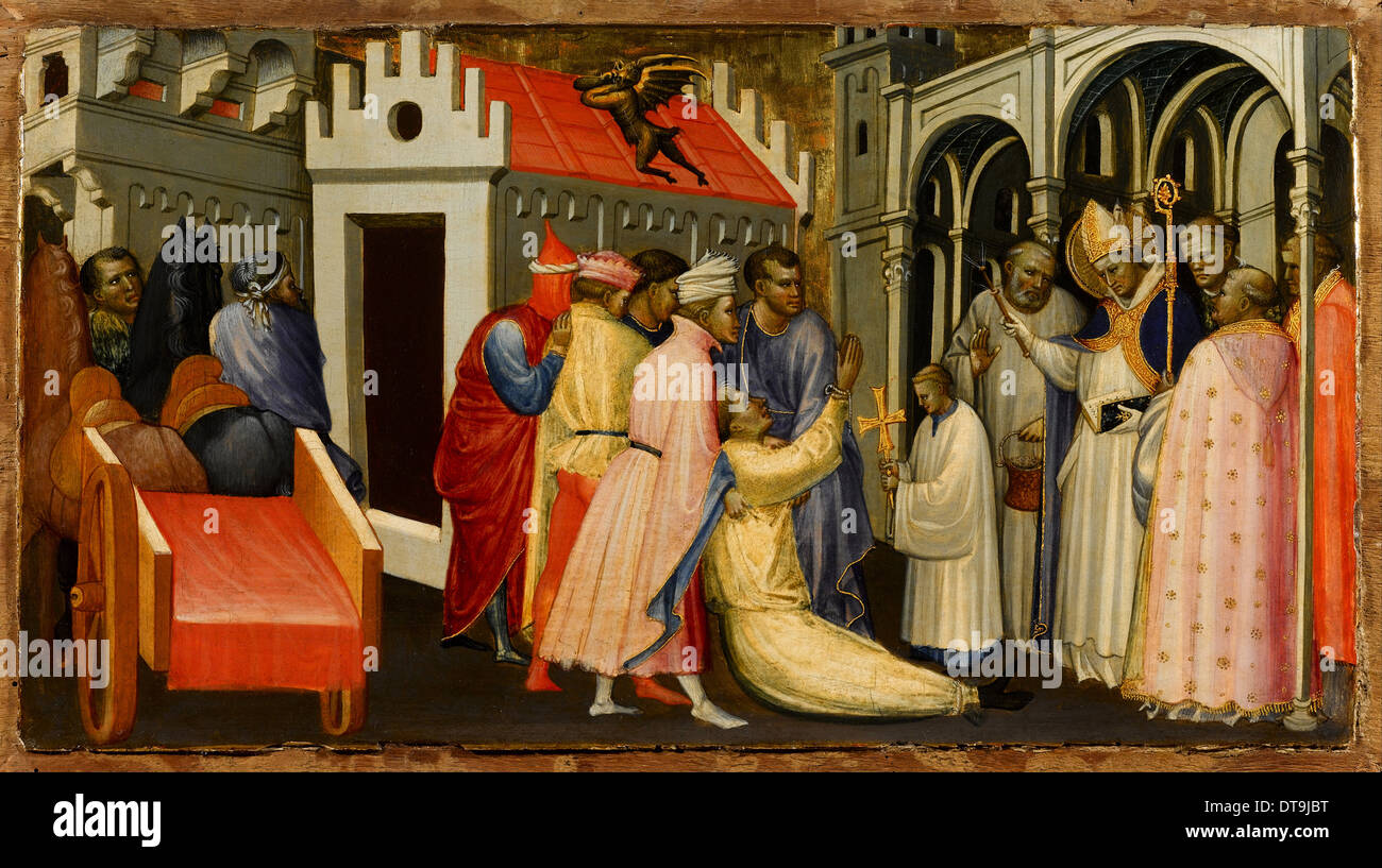 Saint Hugh von Lincoln exorzierte ein besessener vom Teufel, 1404-1407. Künstler: Starninaberg, Gherardo (c. 1364-1413) Stockfoto