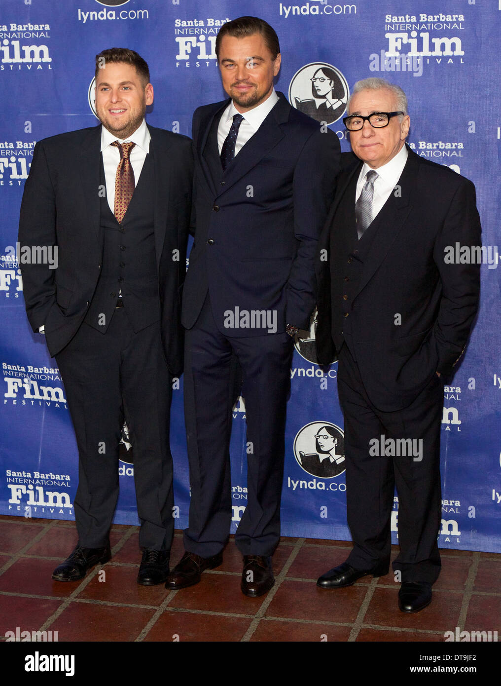 Jonah Hill, Leonardo DiCaprio und Martin Scorsese auf dem roten Teppich auf dem 2014 Santa Barbara International Film Festival Stockfoto