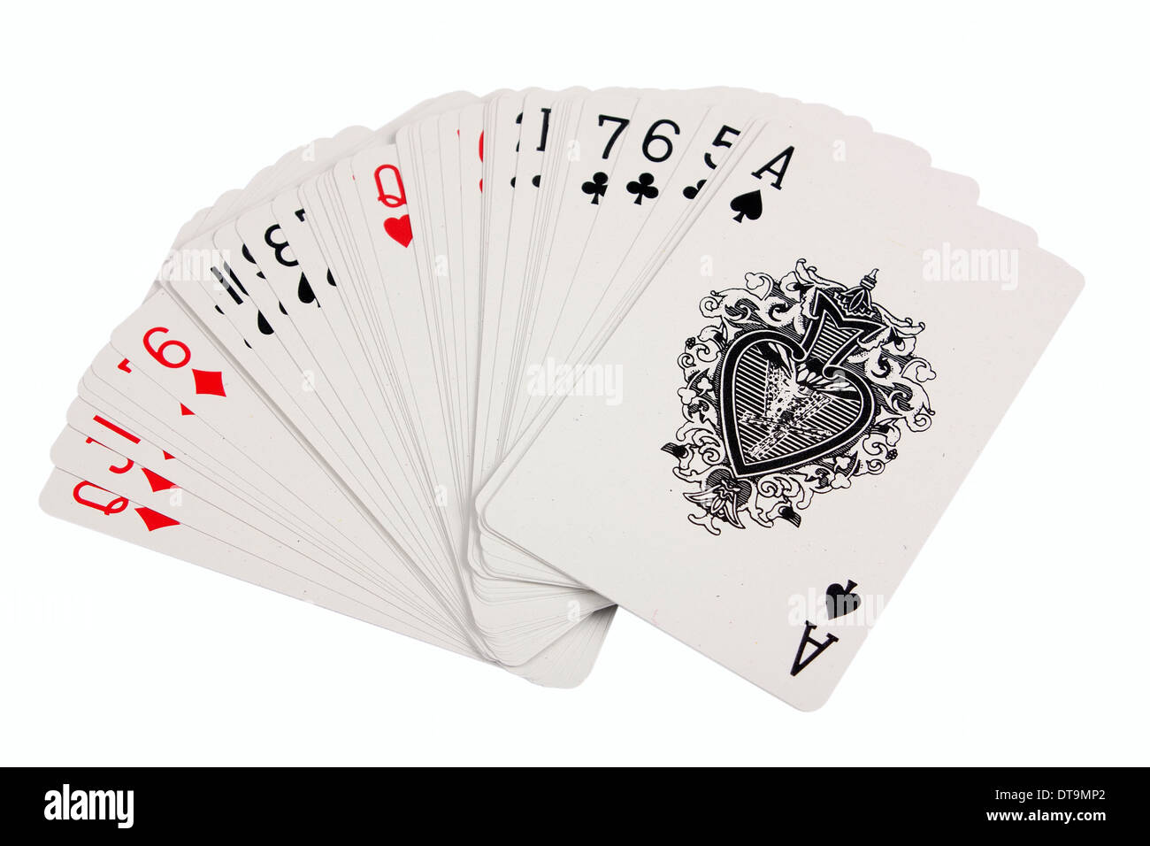 Spielkarten, die isoliert auf weißem Hintergrund Stockfoto