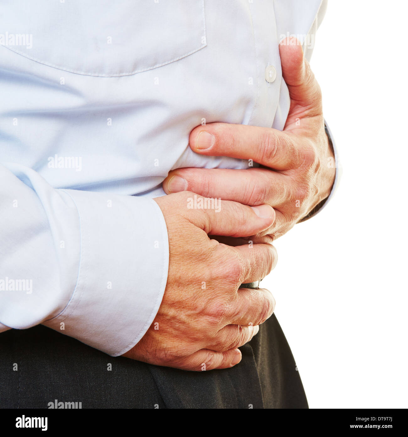 Älterer Mann mit Bauchschmerzen, Magen mit seiner Hand halten Stockfoto