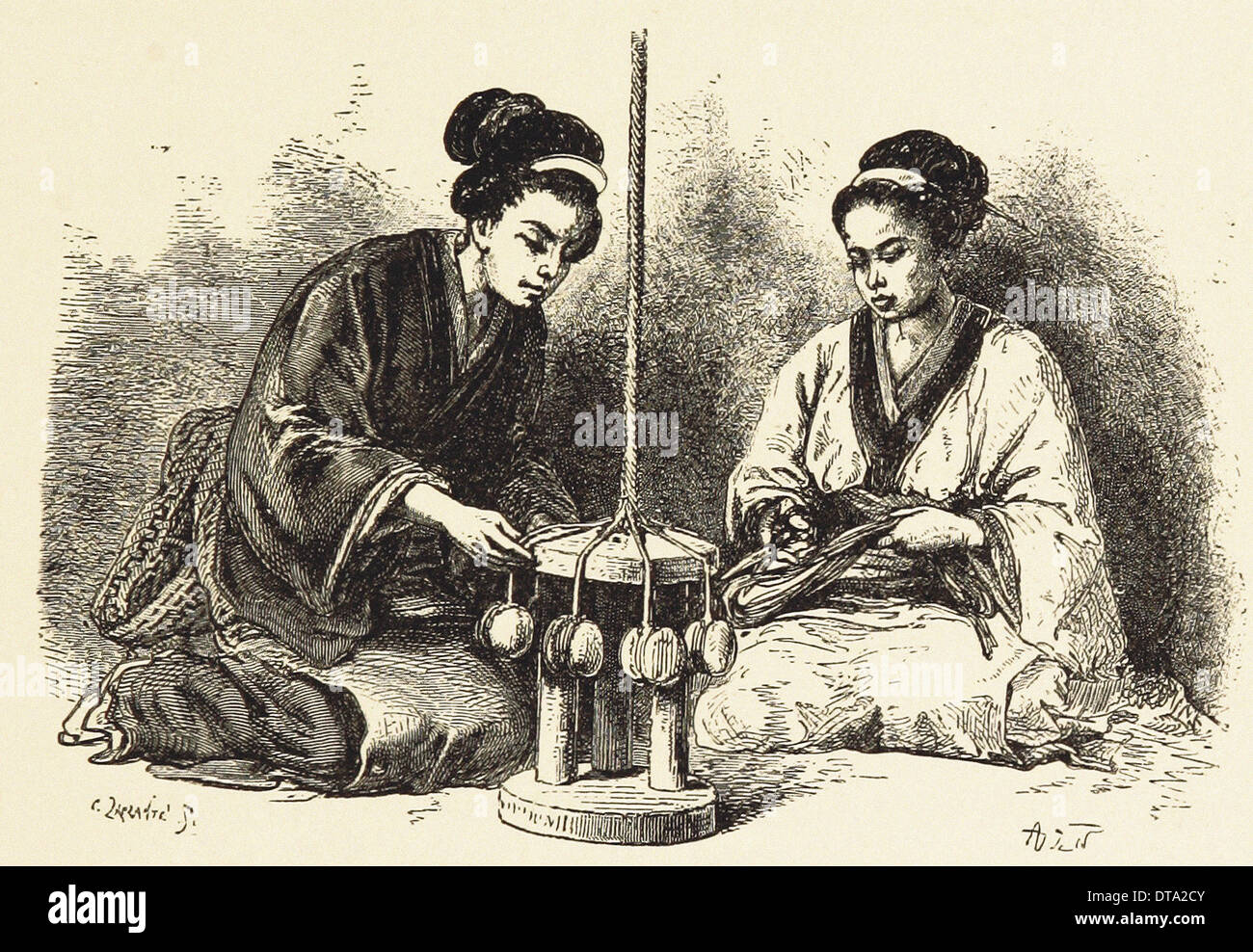 Japanerinnen Flechten Seide Schnur - British Gravur XIX Jahrhundert Stockfoto