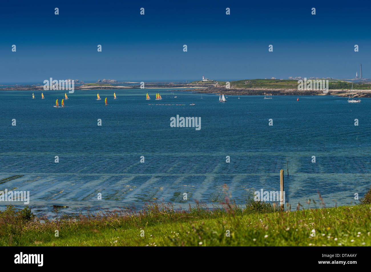 Segelboote in der Bucht in der Nähe von Landéda, Bretagne, Frankreich Stockfoto