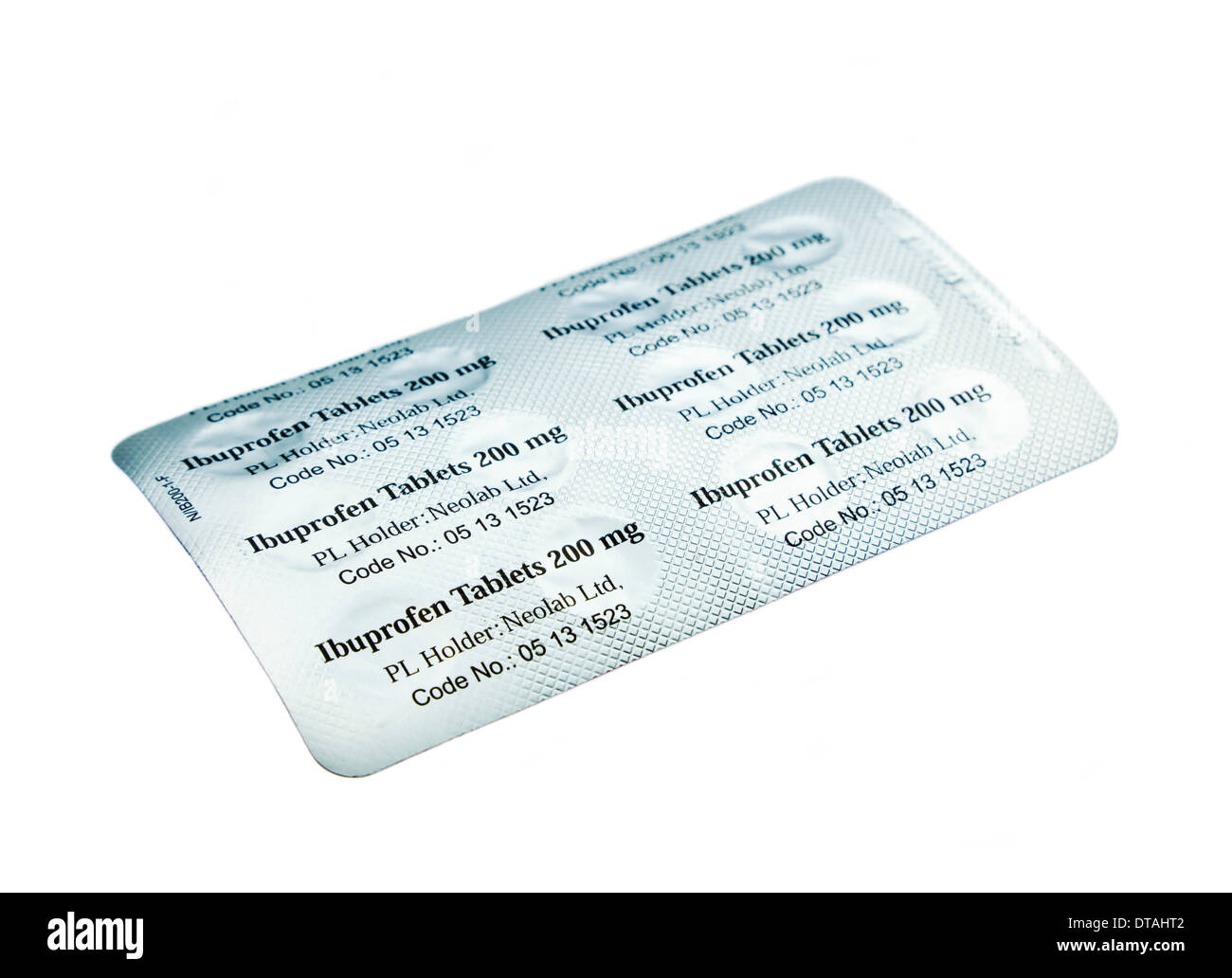 Blisterpackung von Ibuprofen 200mg Tabletten auf weißem Hintergrund Stockfoto