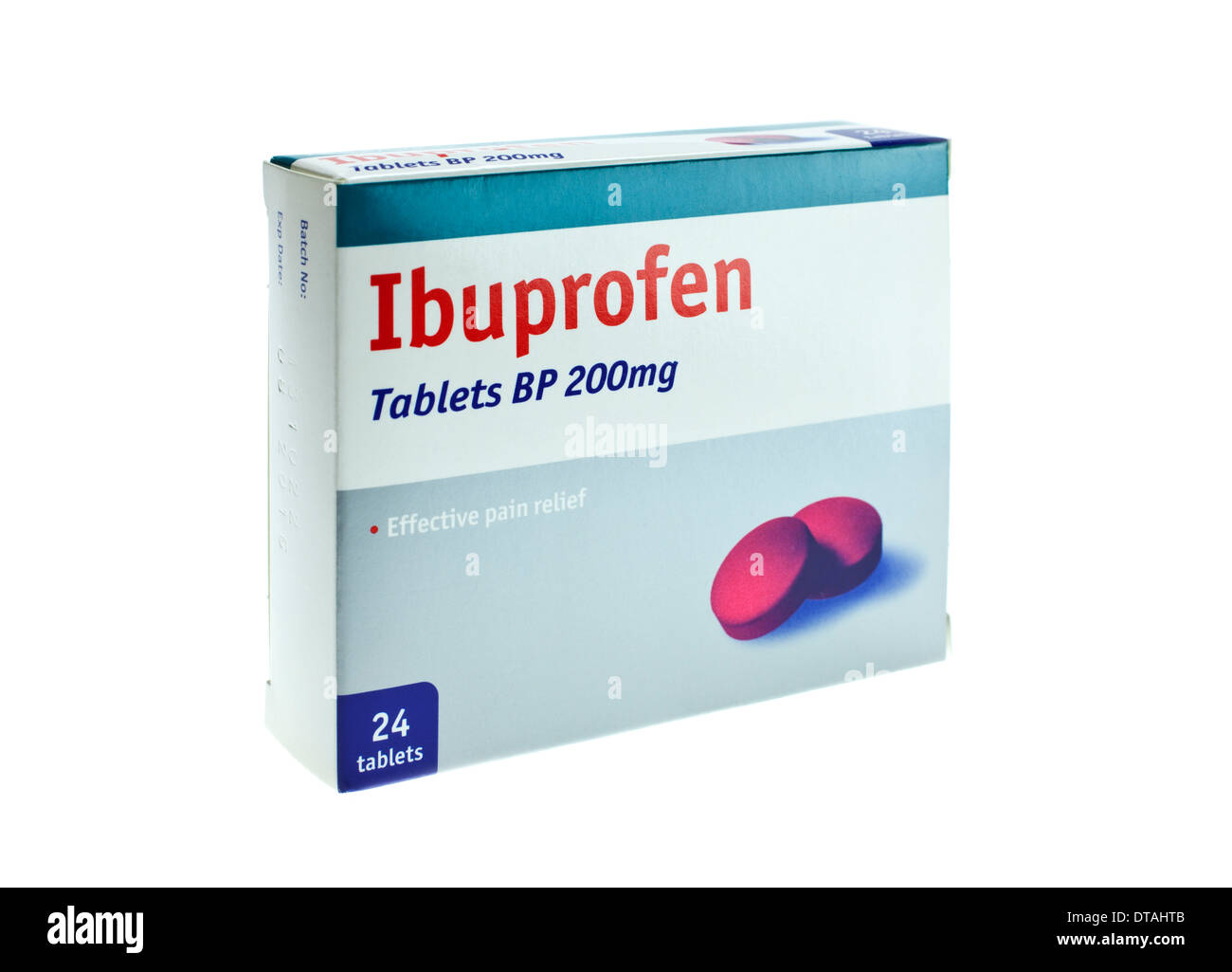 Schachtel mit generischen 24 Ibuprofen 200mg Tabletten auf weißem Hintergrund Stockfoto
