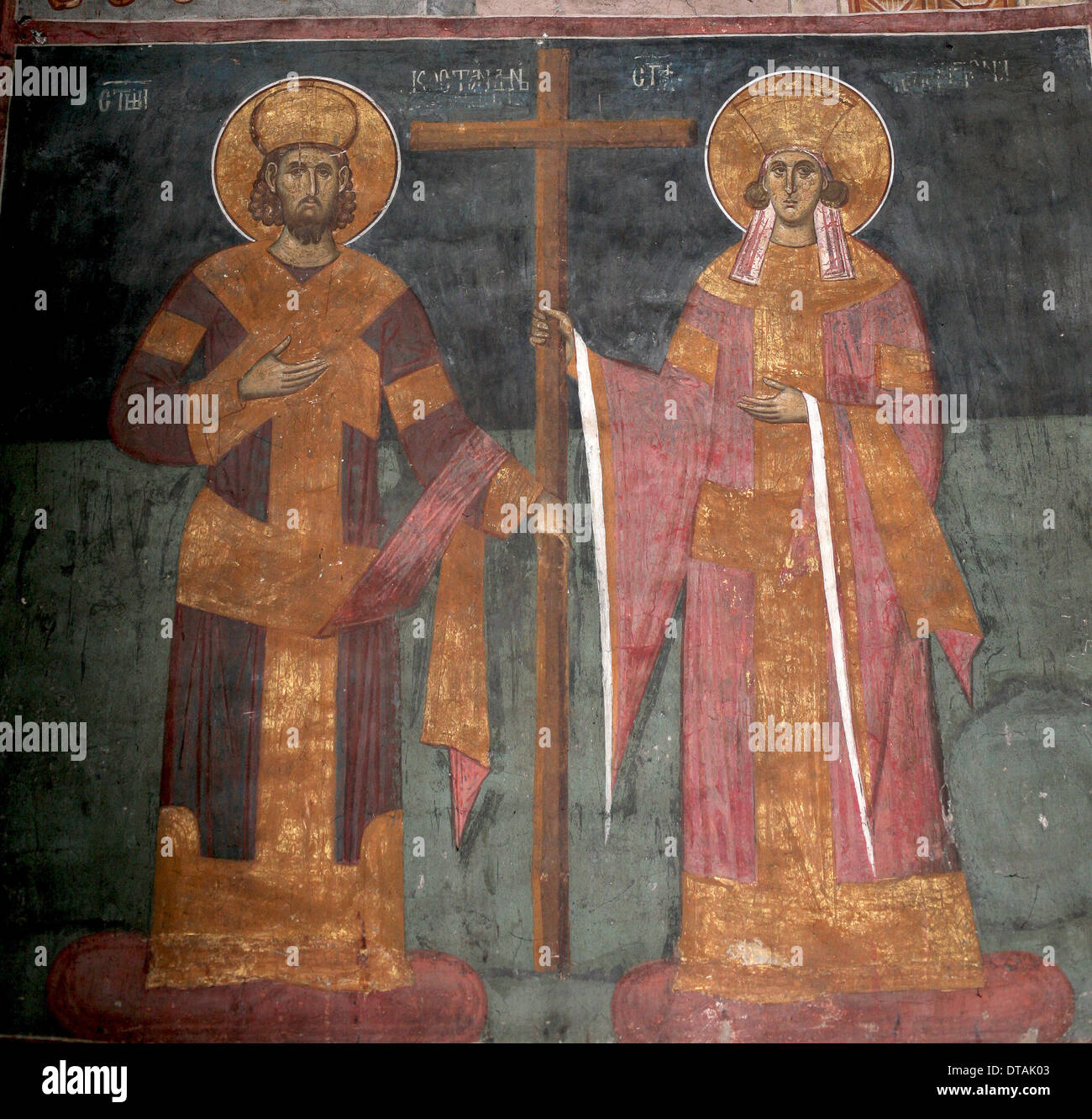 Erhöhung des Heiligen Kreuzes. Heiligen Konstantin der große und Helena, ca. 1350. Künstler: anonym Stockfoto