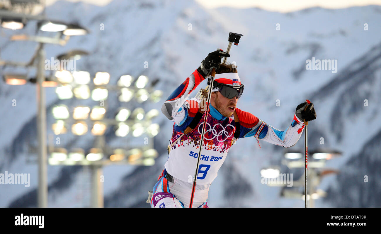 Tschechische Biathlonist Jaroslav Soukup ist während die Männer Biathlon-20 k Einzelrennen bei den Olympischen Winterspielen 2014 13. Februar 2014, in Krasnaya Polyana, Russland gesehen. (CTK Foto/römische Vondrous) Stockfoto