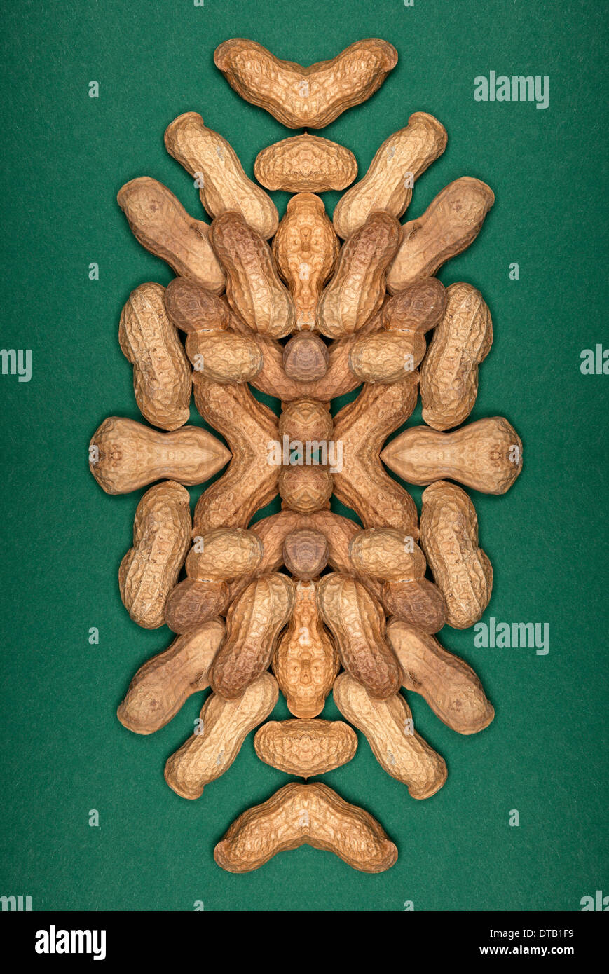 Eine digitale Zusammensetzung der gespiegelten Bildern einer Anordnung von Erdnüssen Stockfoto