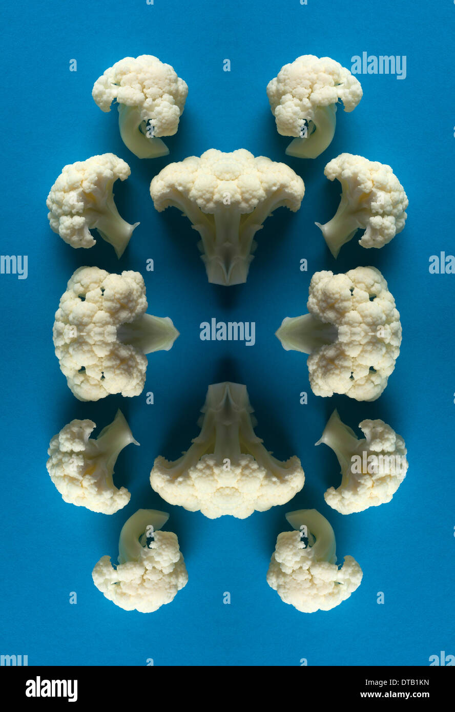Eine digitale Zusammensetzung der gespiegelten Bildern der Anordnung der Stücke von Blumenkohl Stockfoto