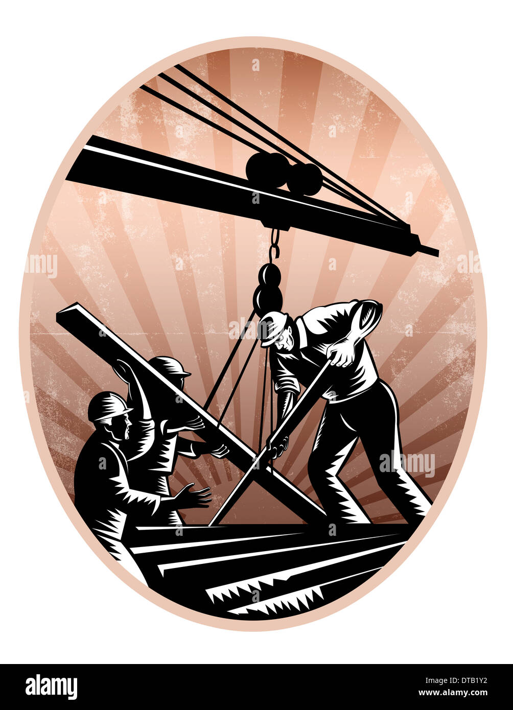 Abbildung eines Teams von Bauarbeitern Bauarbeiterhelm arbeiten am Stahlträger auf Kranausleger in Retro-Holzschnitt Stil getan Heben zu tragen. Stockfoto