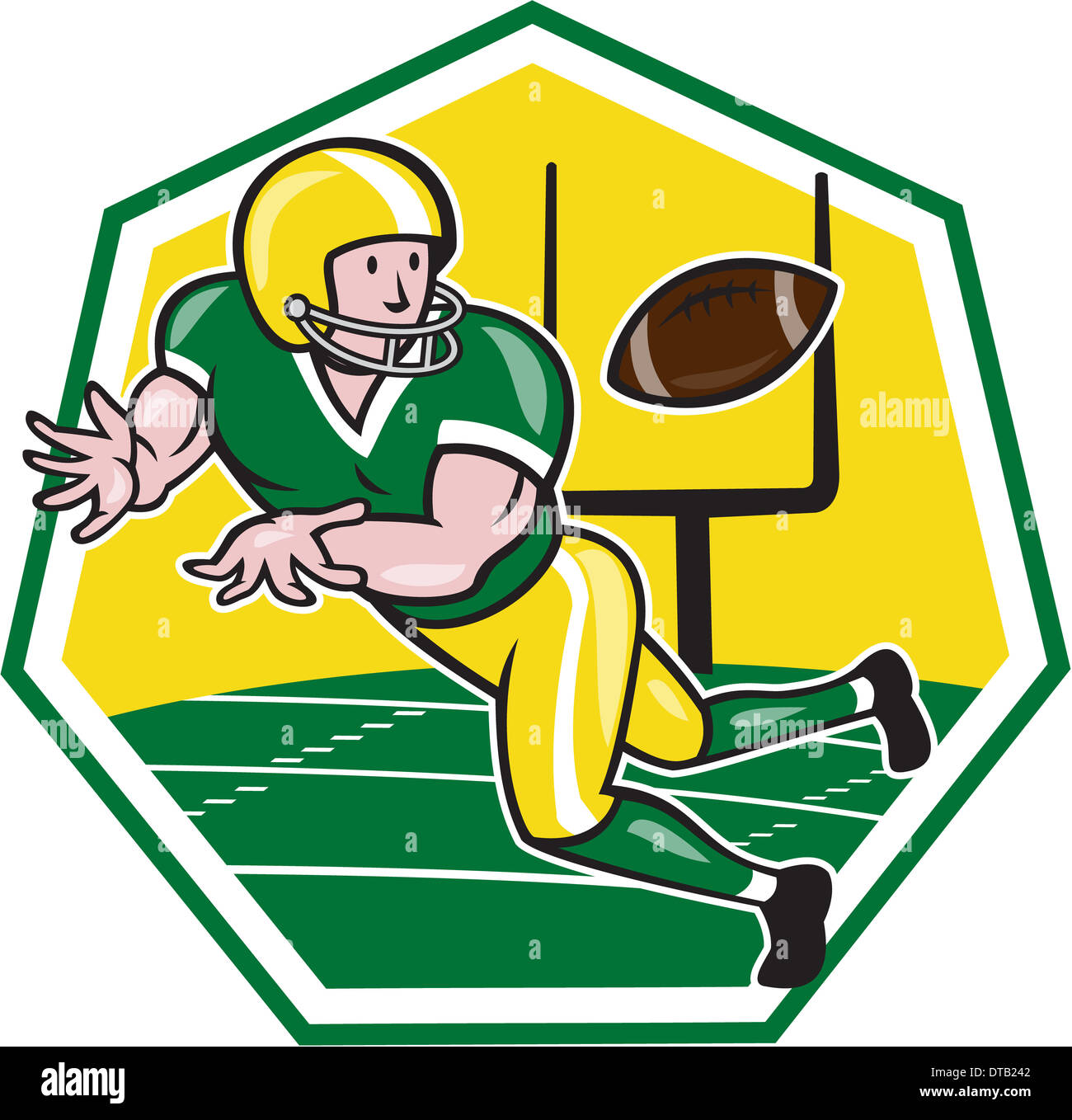 Illustration einer Rost Wide Receiver Runningback Fußballspieler Ball zugewandten Seite stellen im Inneren Sechseck mit Torpfosten auf isolierte Hintergrund getan im Cartoon-Stil fängt. Stockfoto