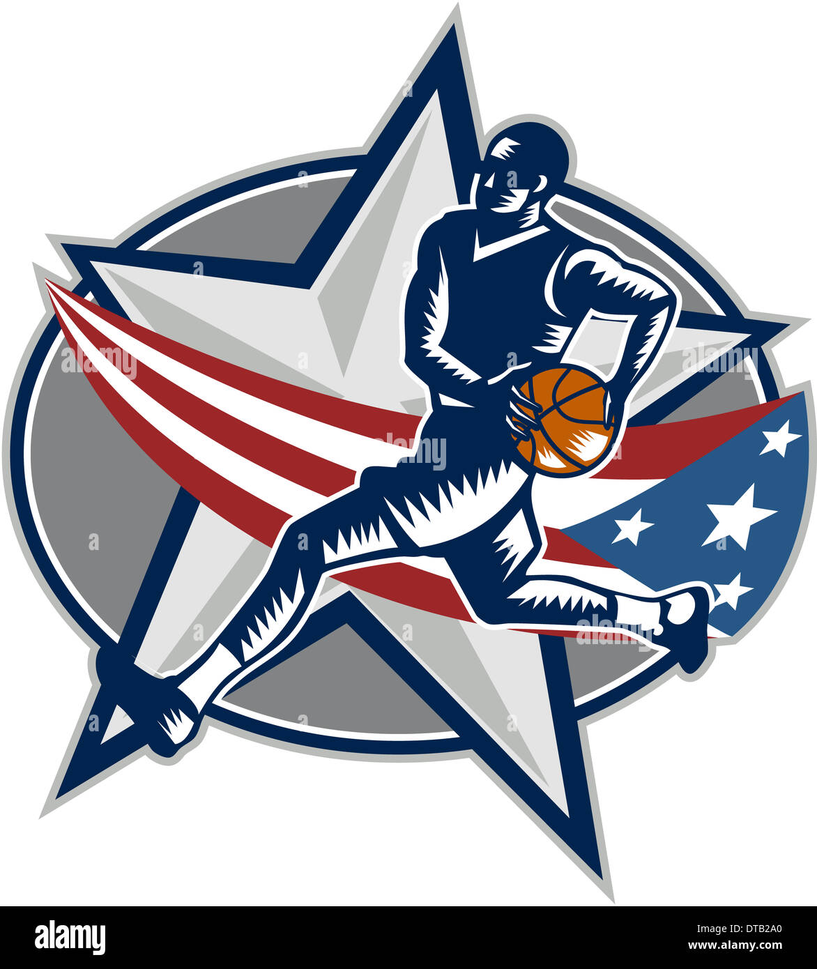 Beispiel für ein Basketball-Spieler mit Ball auf eine schnelle Pause machen einen Lay-up oder dunk mit Sterne-amerikanische Sternenbanner Flagge auf isolierten weißen Hintergrund in Retro-Holzschnitt Stil getan. Stockfoto
