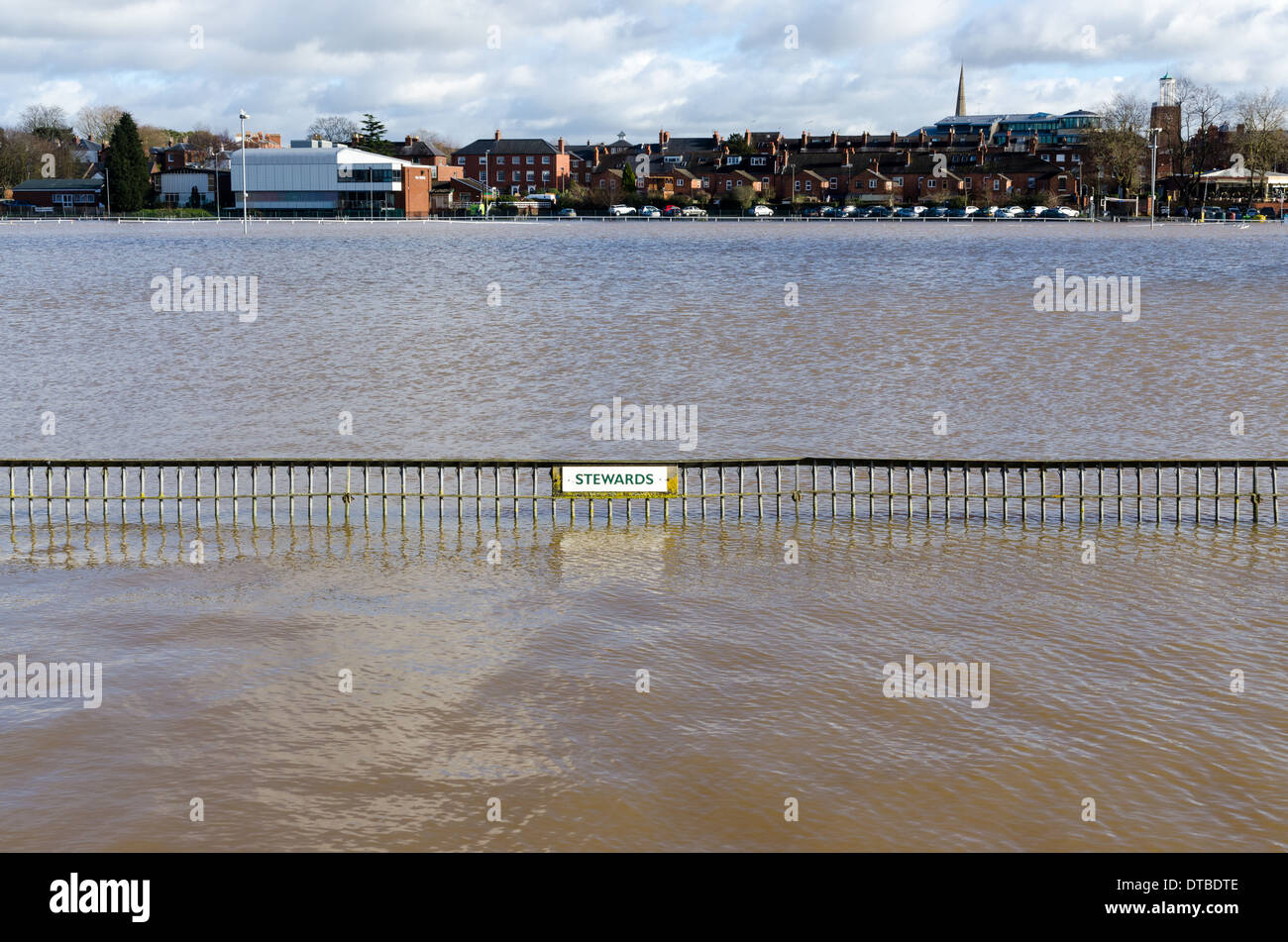 Fechten in Worcester Rennbahn unter Wasser in den Überschwemmungen des Jahres 2014 Stockfoto