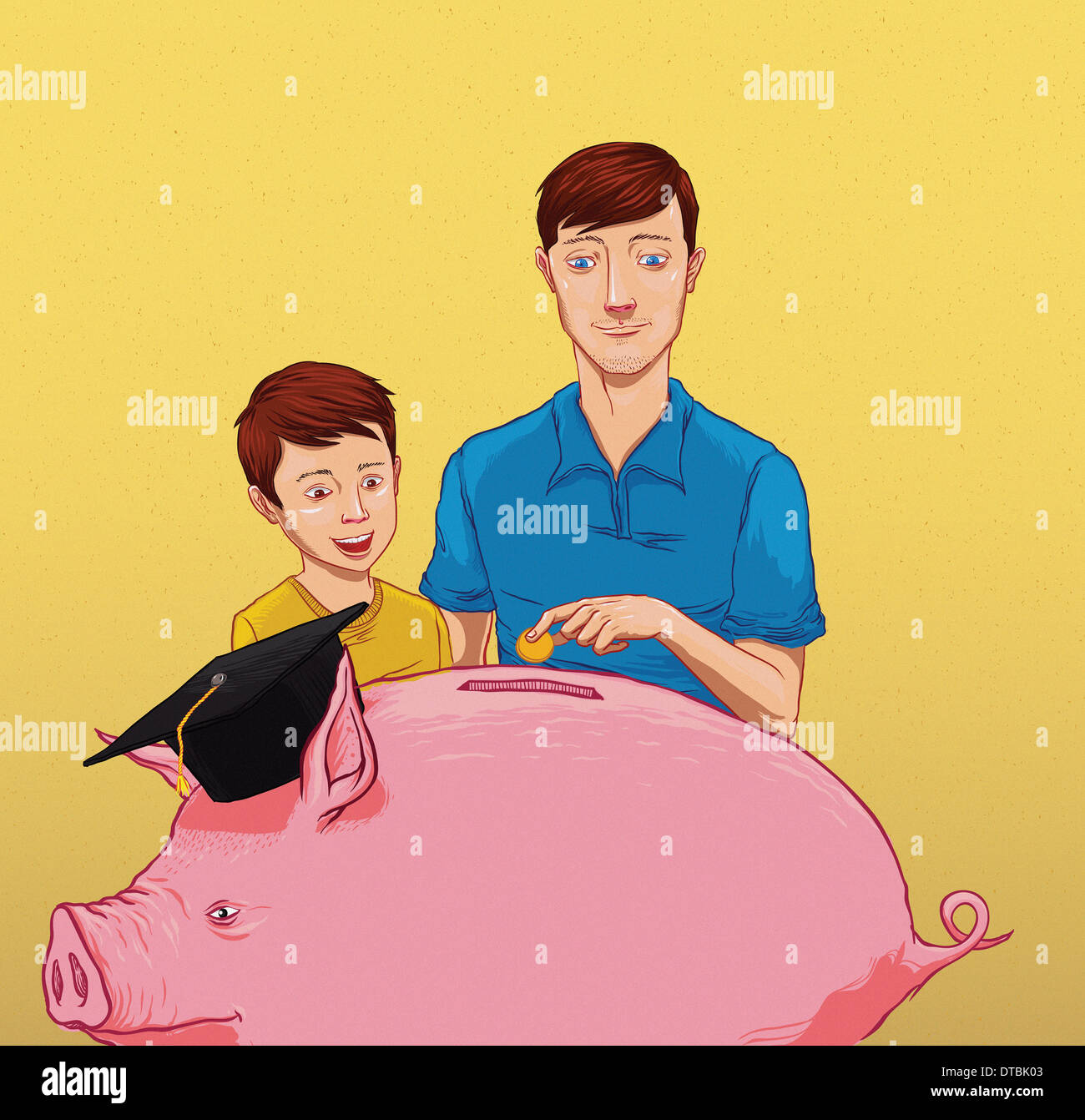 Anschauliches Bild von Vater mit Sohn Einfügen von Geld im Sparschwein, Ersparnisse für Bildung darstellt Stockfoto