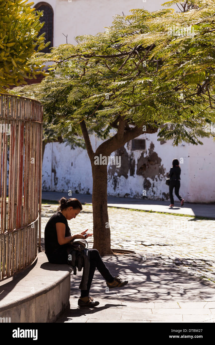 Frau raucht und SMS in der Sonne durch einen Flamboyent Baum in der Plaza De La Concepcion in Santa Cruz, Teneriffa, Stockfoto