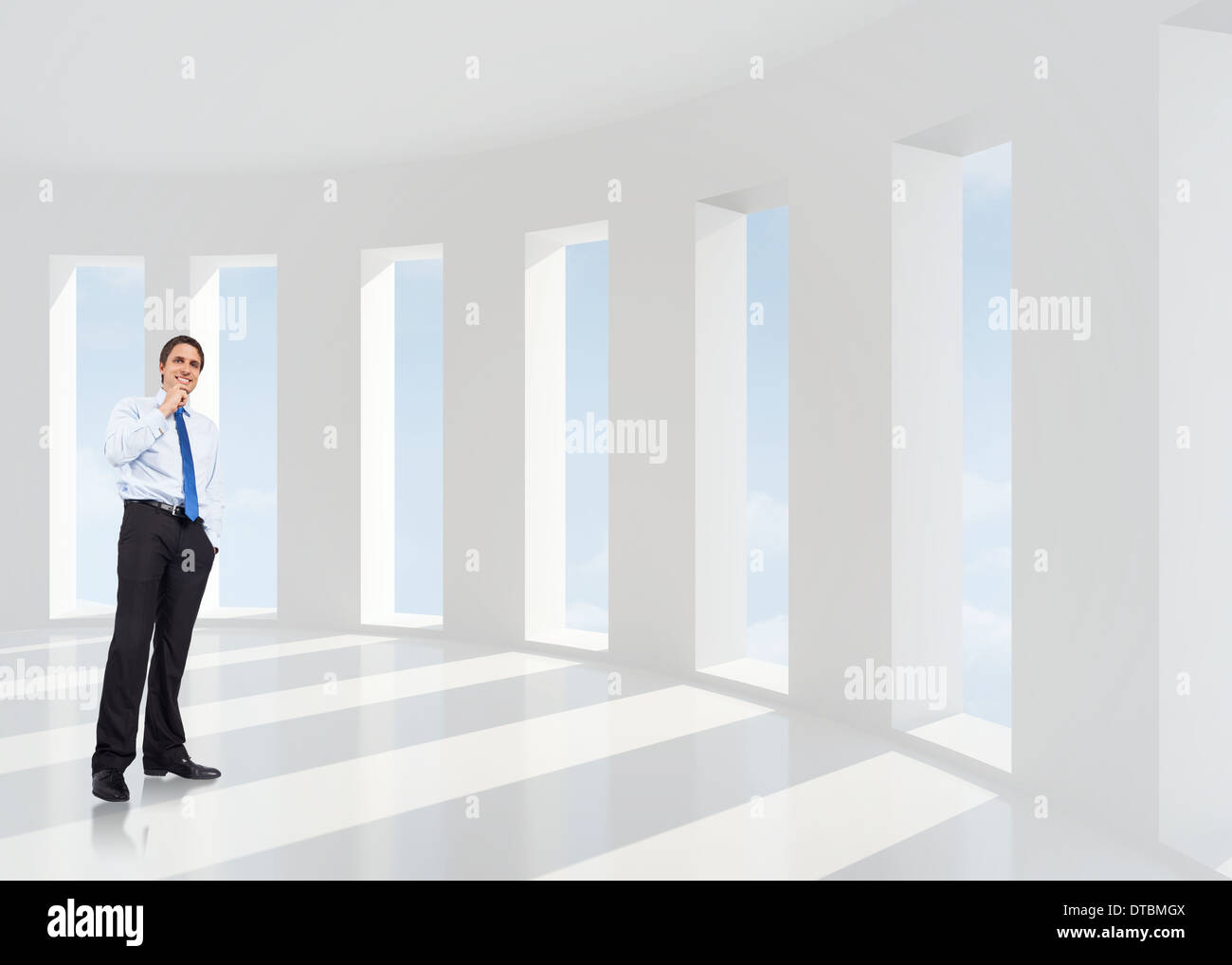 Zusammengesetztes Bild des Denkens Geschäftsmann Kinn berühren Stockfoto