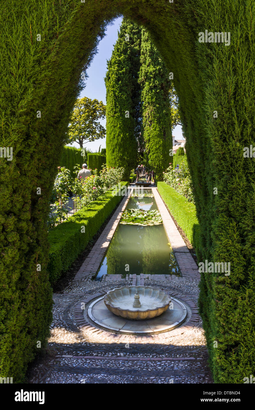 Die wunderschönen Gärten im Palast der Alhambra in Granada, Andalusien, Südspanien. Stockfoto