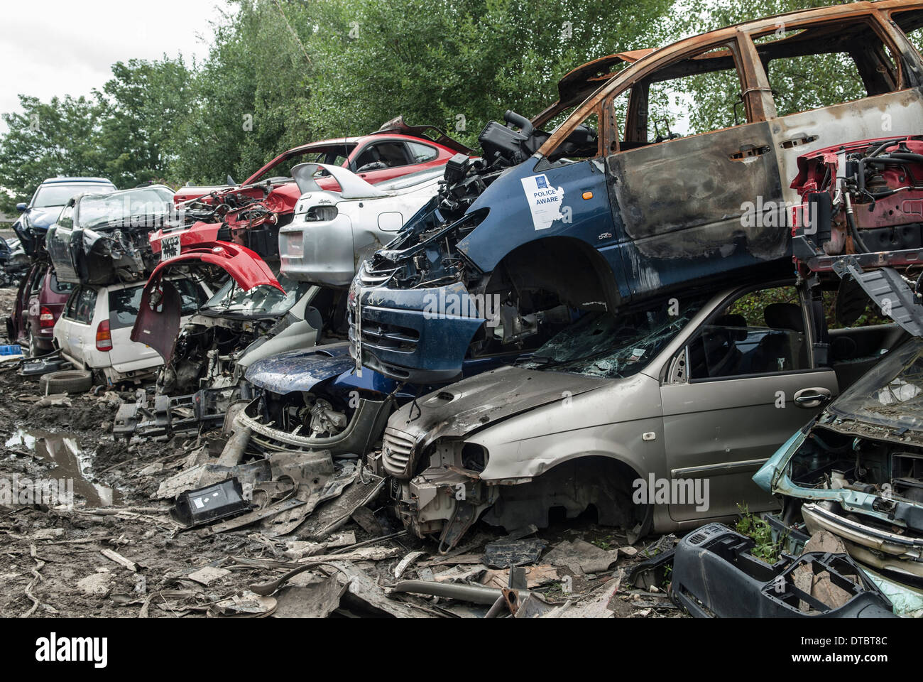 Zerquetschten Autos im Schrott Hof UK Stockfoto