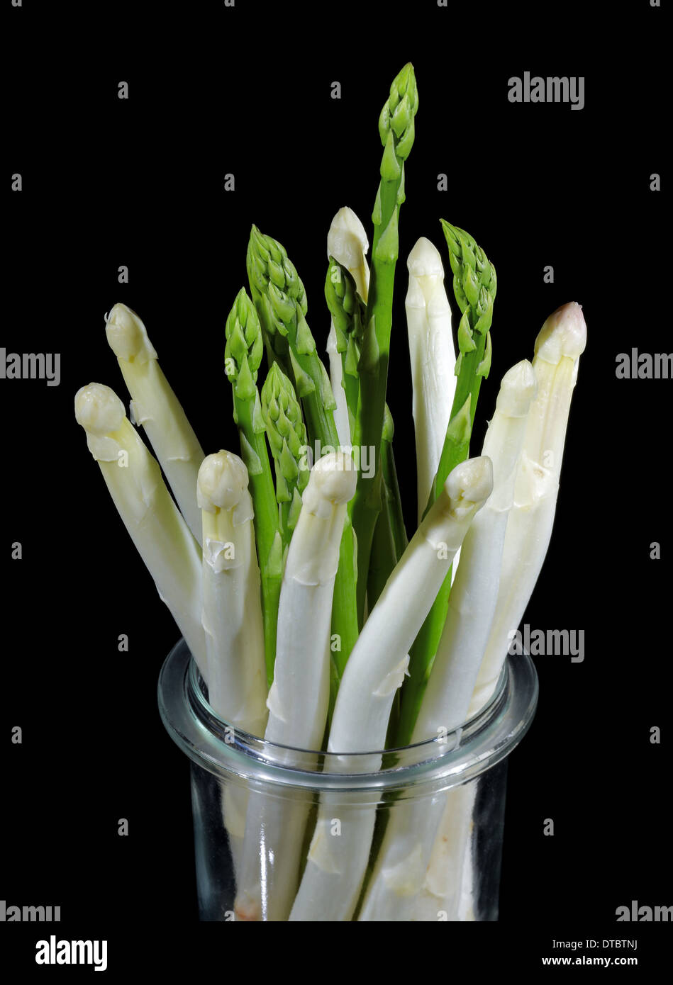 Glas gefüllt mit einem Bündel von weißem und grünem Spargel Gemüse in Schwarz zurück Stockfoto