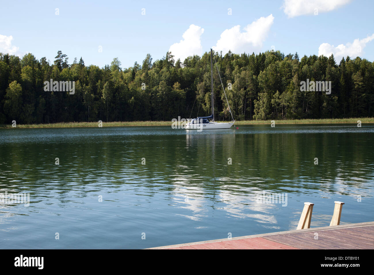 Boot am Fluss vor Bäumen in Morbylanga, Schweden Stockfoto