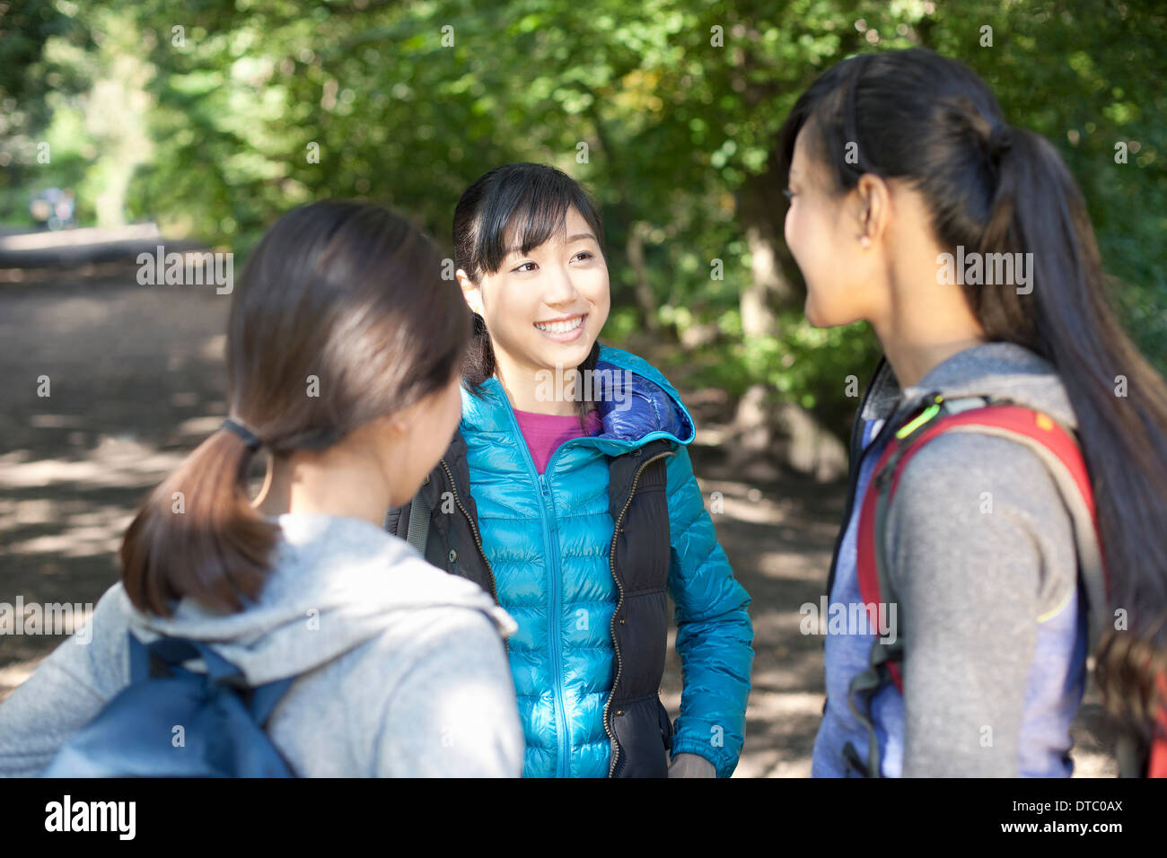 Drei junge weibliche Wanderer im Chat auf Landstraße Stockfoto