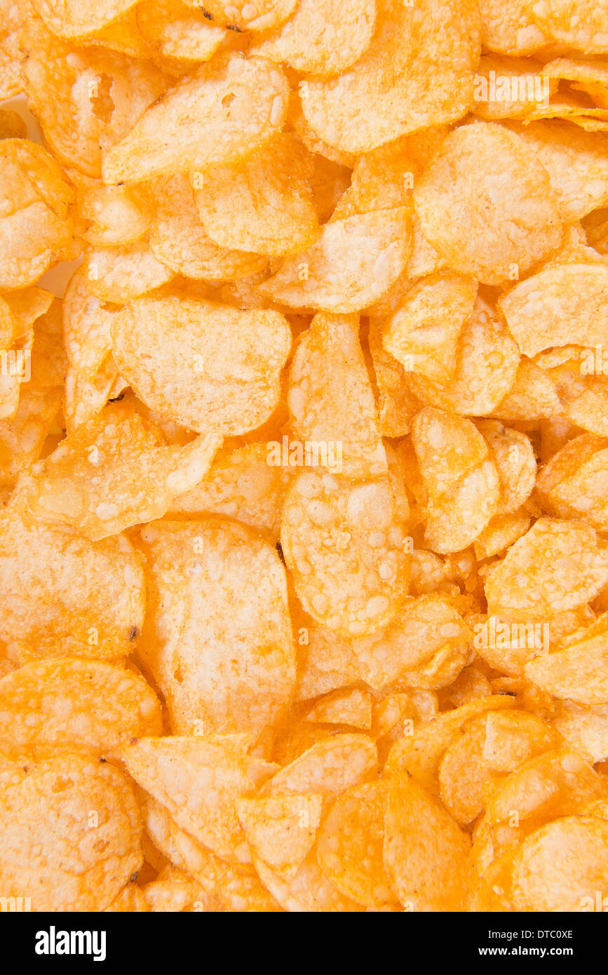 Hintergrund-Chips. Nahaufnahme, goldene snack Stockfoto