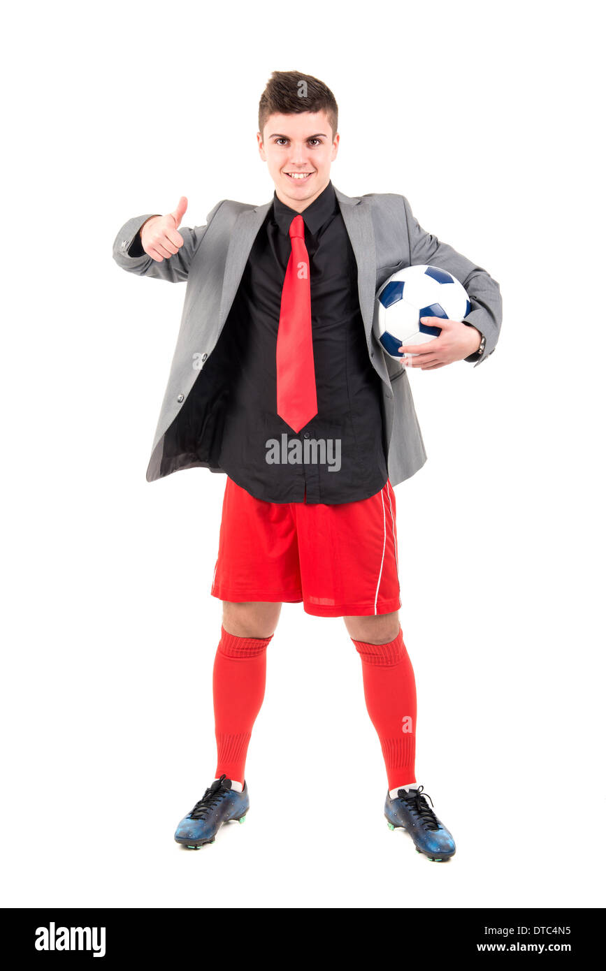 Geschäftsmann mit Fußballausrüstung isoliert in weiß Stockfoto