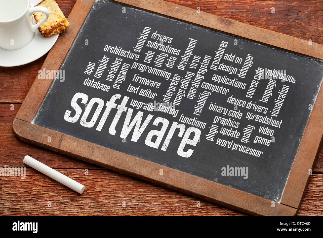 Software und Computer-Programmierung Wortwolke auf einer Vintage Tafel mit Kreide und eine Tasse Kaffee Stockfoto