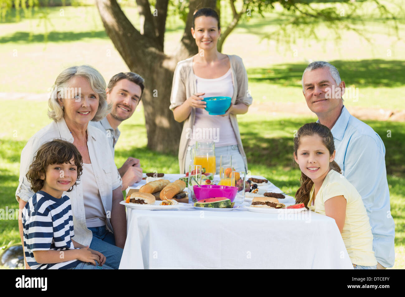 Großfamilie mit Mittagessen im Rasen Stockfoto