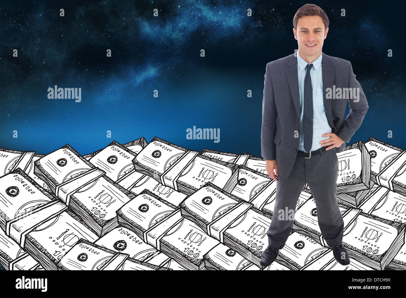 Zusammengesetztes Bild fröhlich Geschäftsmannes stehend mit Hand auf der Hüfte Stockfoto