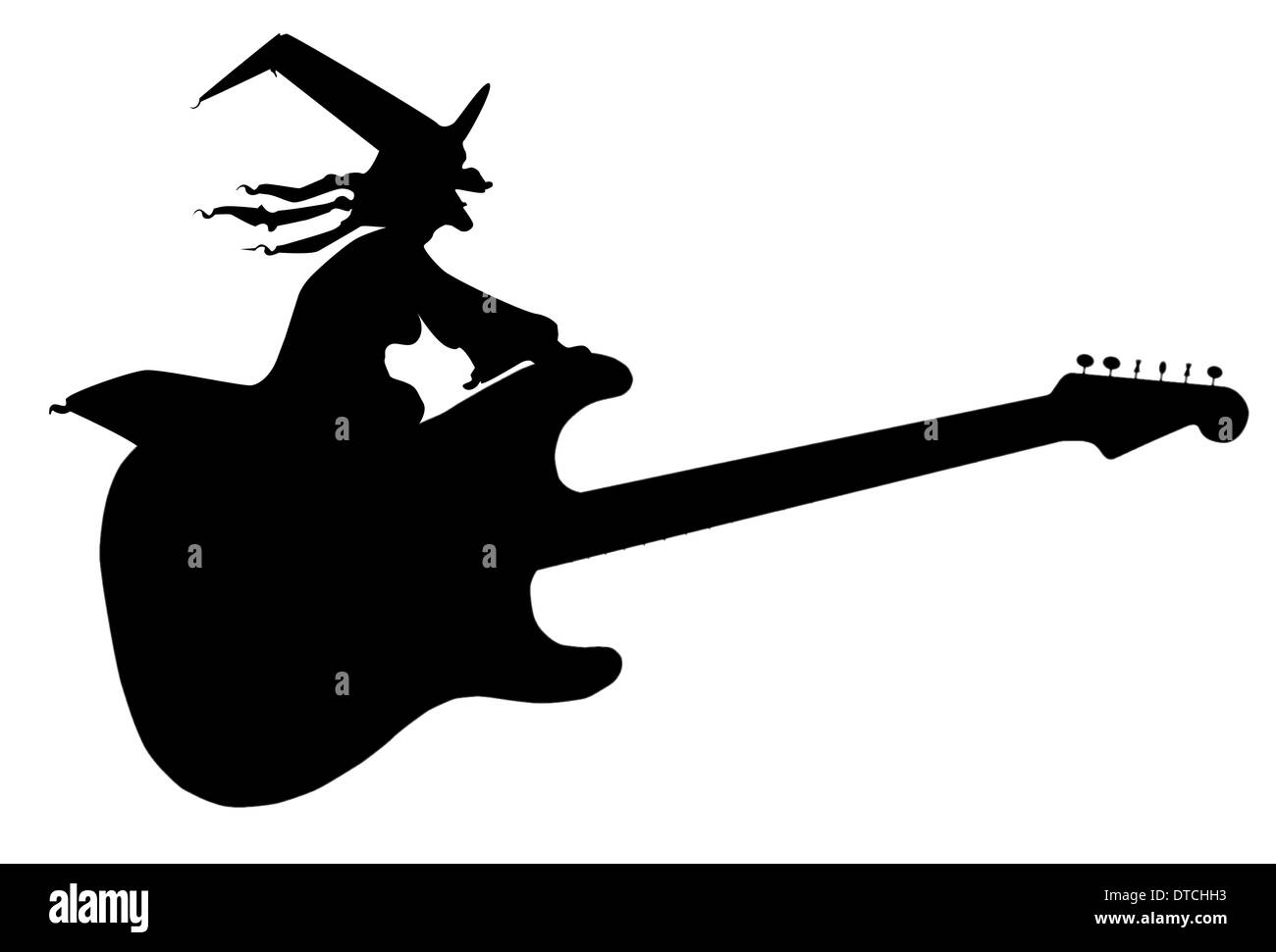 Eine Hexe sitzt auf einem fliegenden e-Gitarre Stockfoto